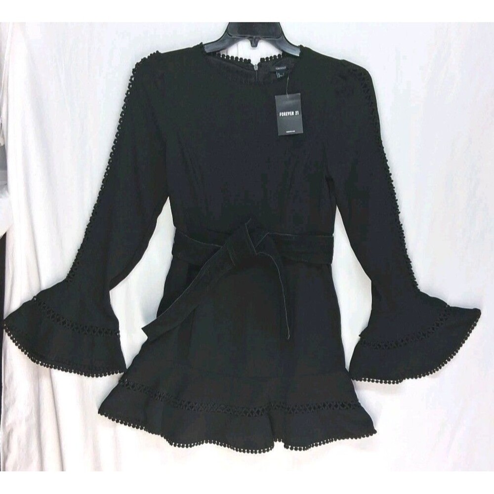 Forever 21 Black Women S Minidress Bell Sleeves Pompom Trim Whimsygoth Bohemian